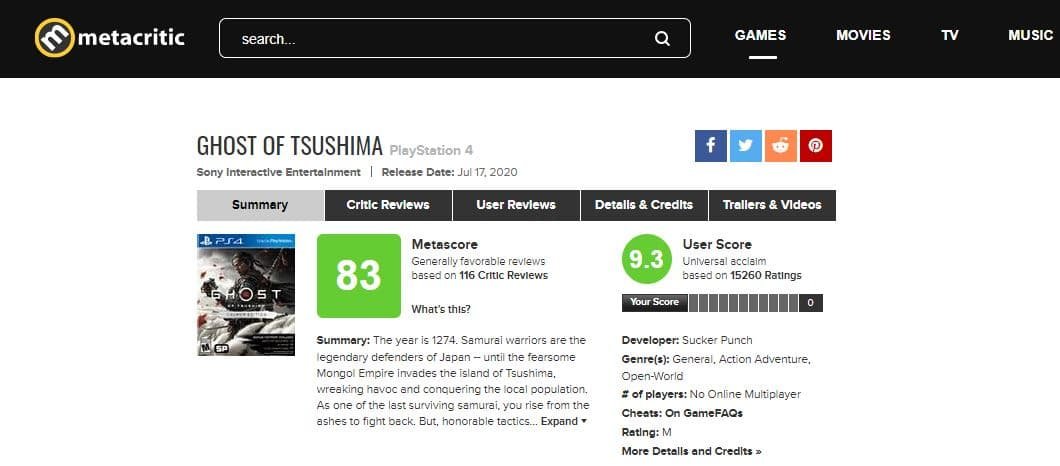 Notas de usuario de Ghost of Tsushima ya disponibles en Metacritic, y son  sorprendentes
