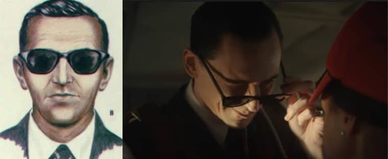 Montagem com retrato falado de D.B. Cooper e Tom Hiddleston em cena de Loki (Divulgação/Marvel)