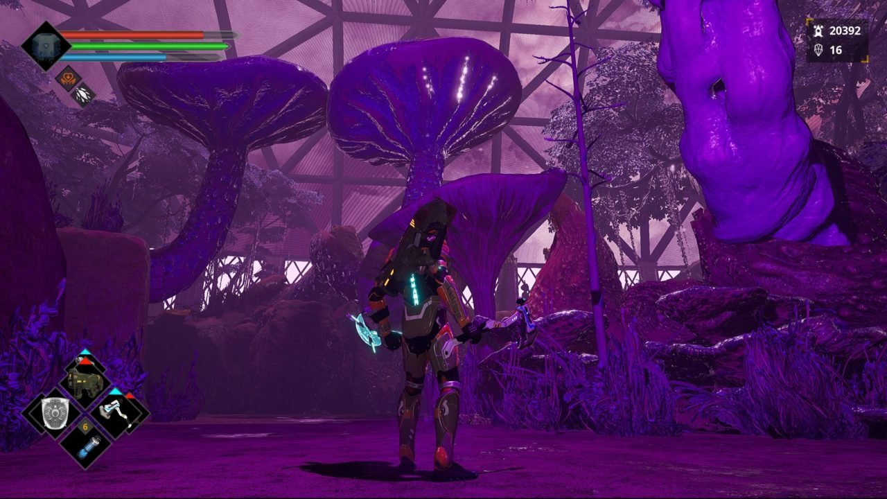 Imagem de um bioma do jogo Dolmen e um personagem de costas